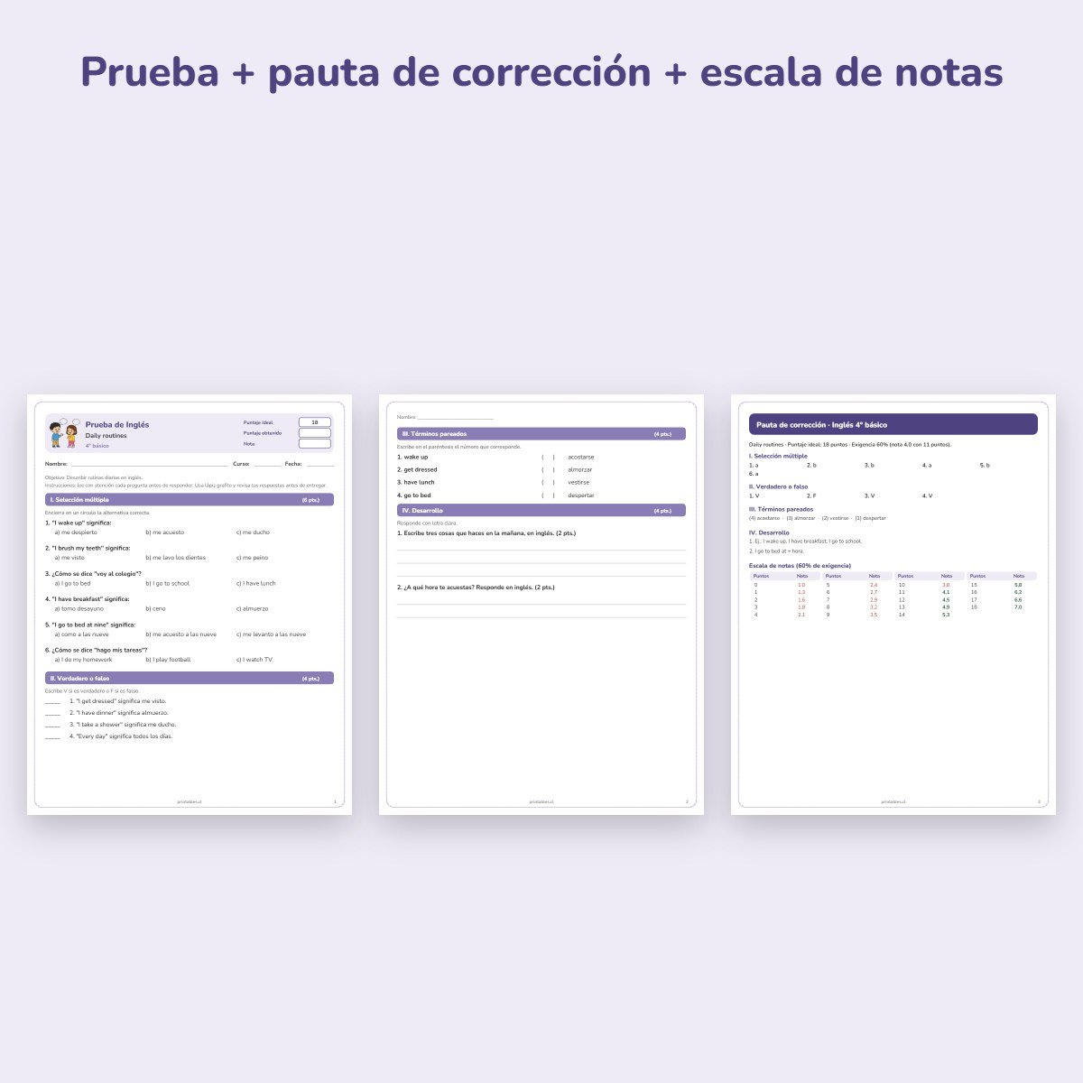 Páginas de muestra: Prueba de Inglés 4° básico: Daily routines