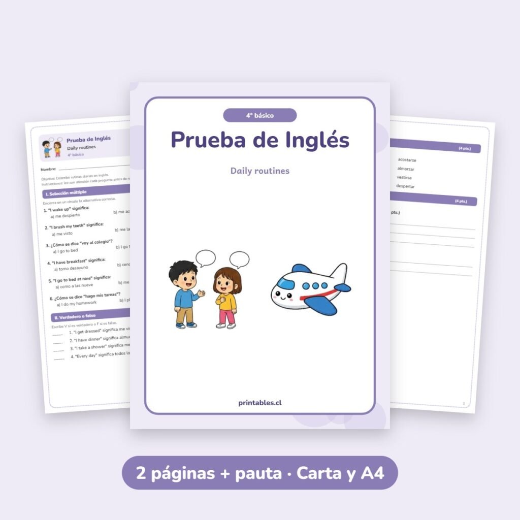 Prueba de Inglés 4° básico: Daily routines