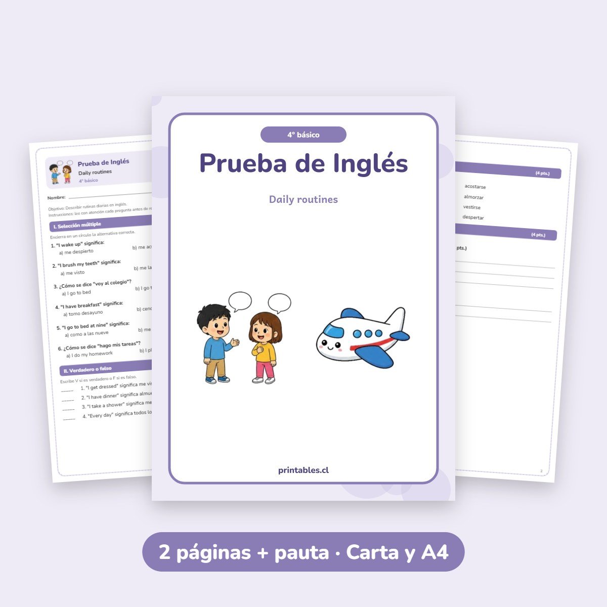 Prueba de Inglés 4° básico: Daily routines