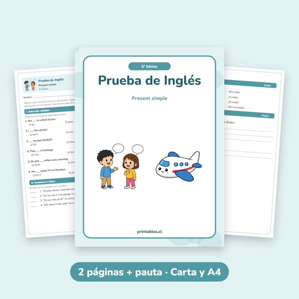 Prueba de Inglés 5° básico: Present simple