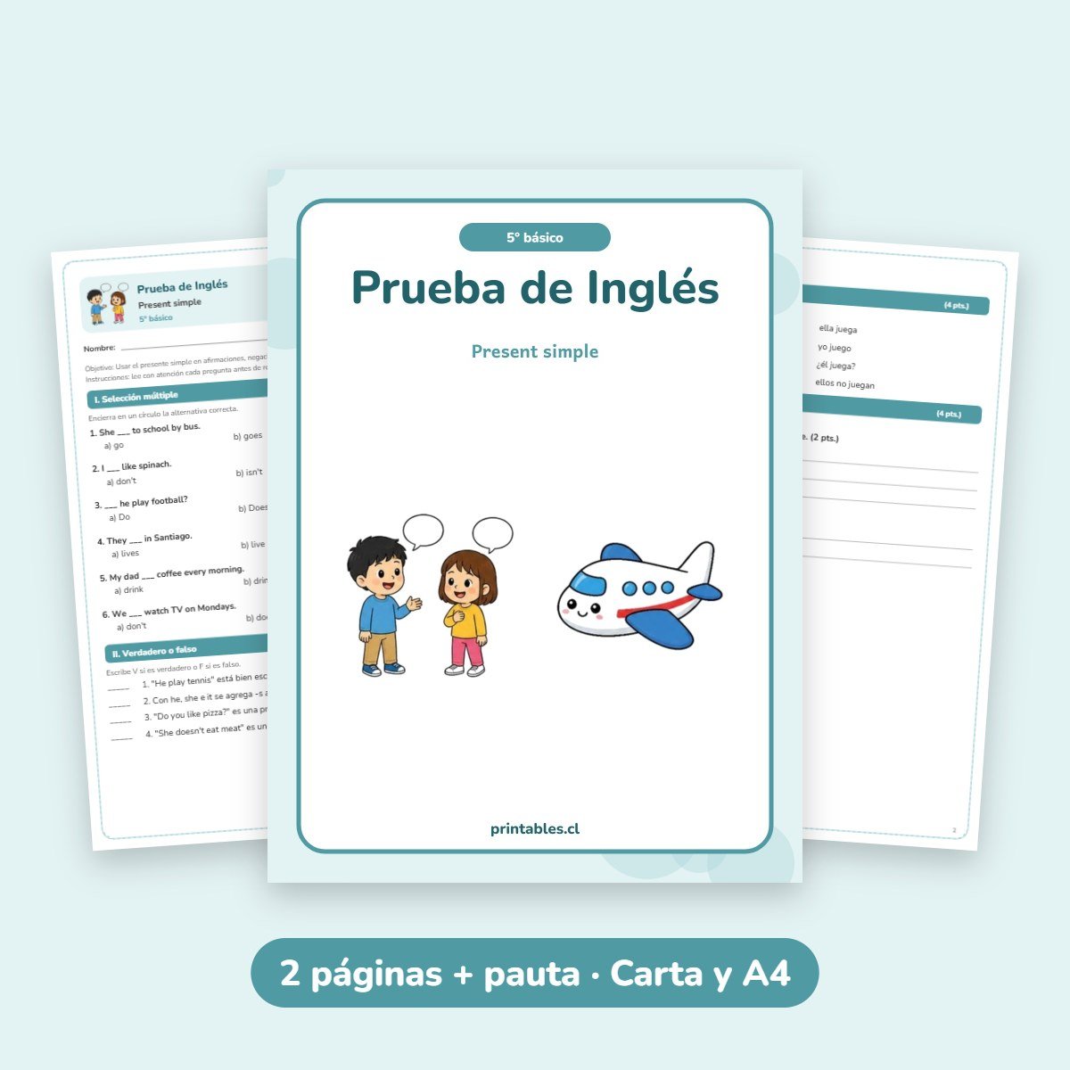 Prueba de Inglés 5° básico: Present simple