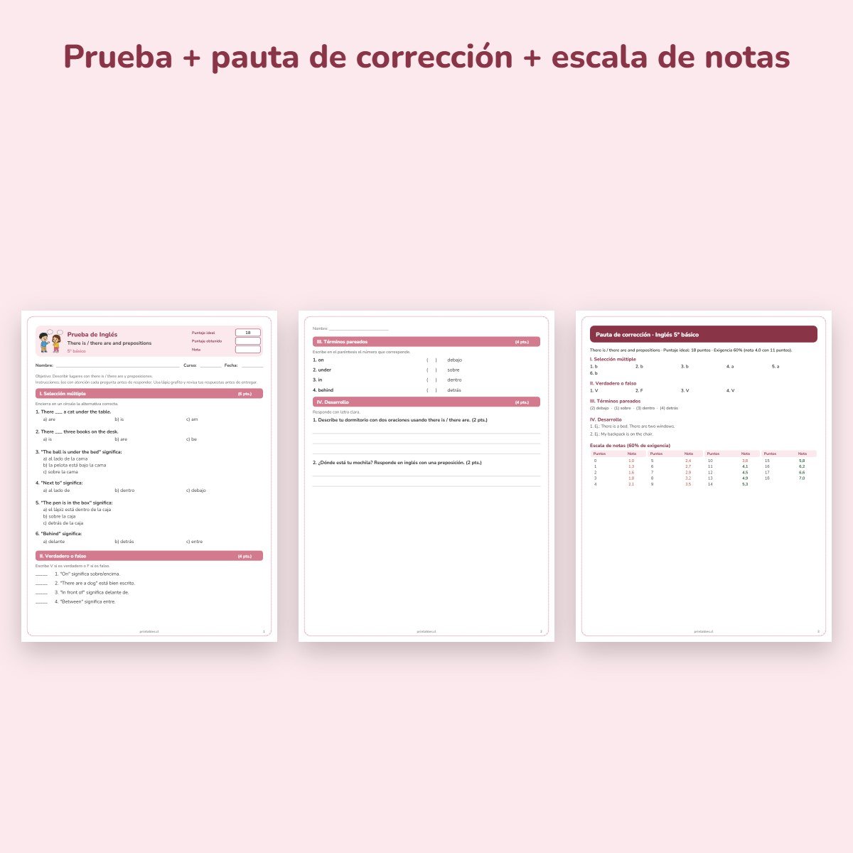 Páginas de muestra: Prueba de Inglés 5° básico: There is / there are and prepositions