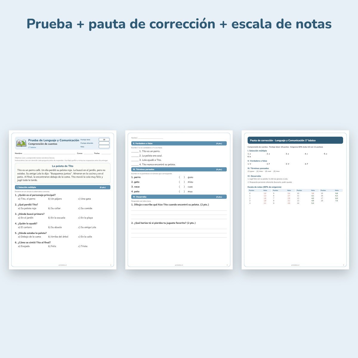Páginas de muestra: Prueba de Lenguaje 1° básico: Comprensión de cuentos