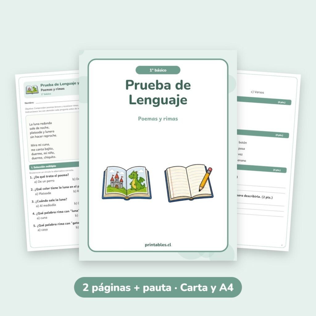 Prueba de Lenguaje 1° básico: Poemas y rimas