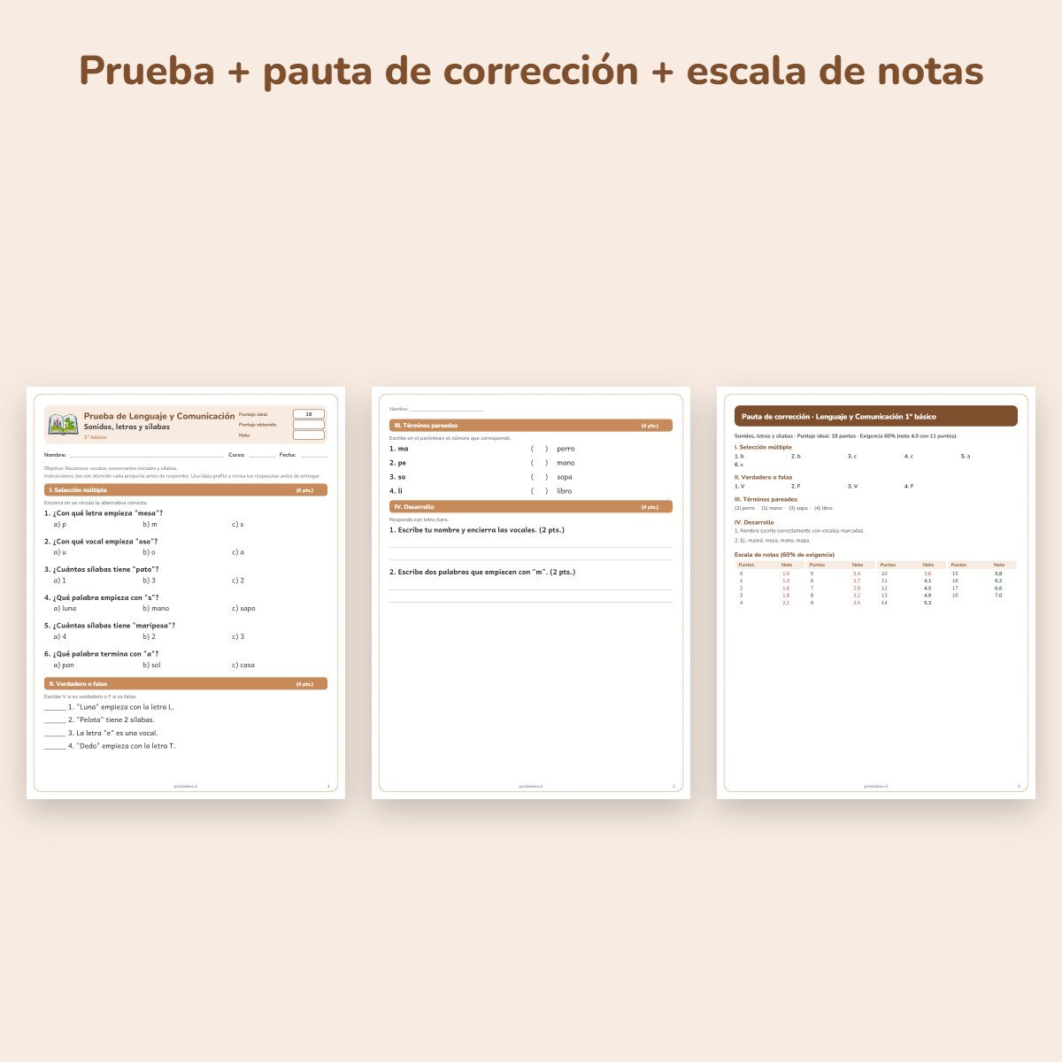 Páginas de muestra: Prueba de Lenguaje 1° básico: Sonidos, letras y sílabas
