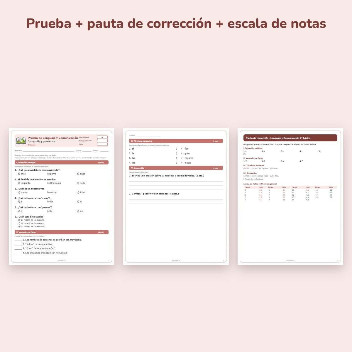 Páginas de muestra: Prueba de Lenguaje 2° básico: Ortografía y gramática