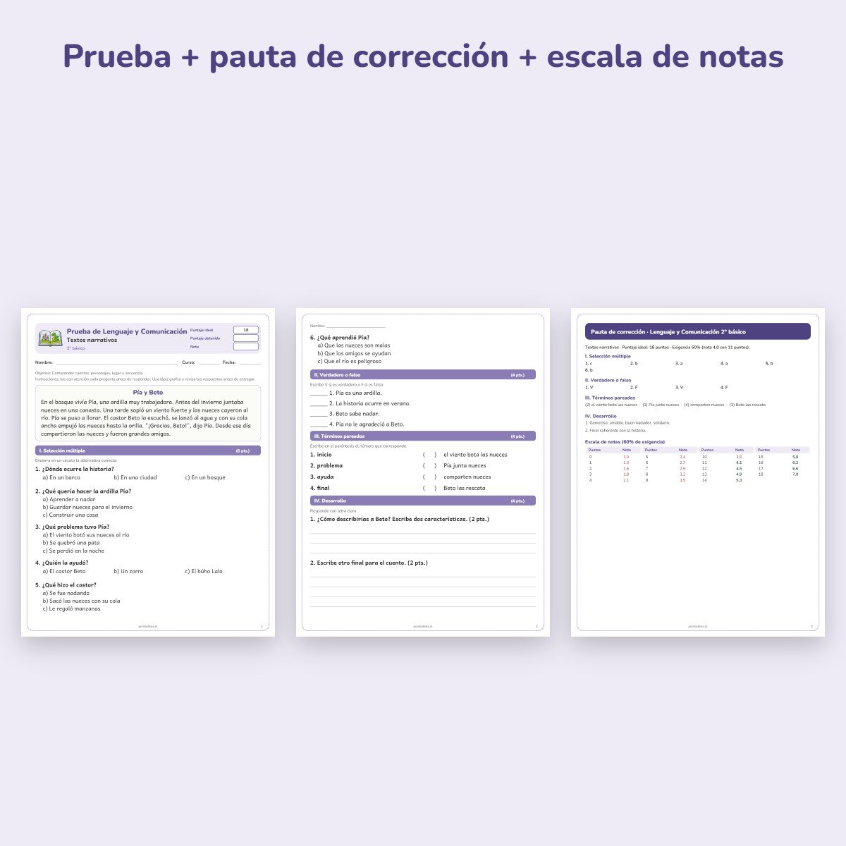 Páginas de muestra: Prueba de Lenguaje 2° básico: Textos narrativos