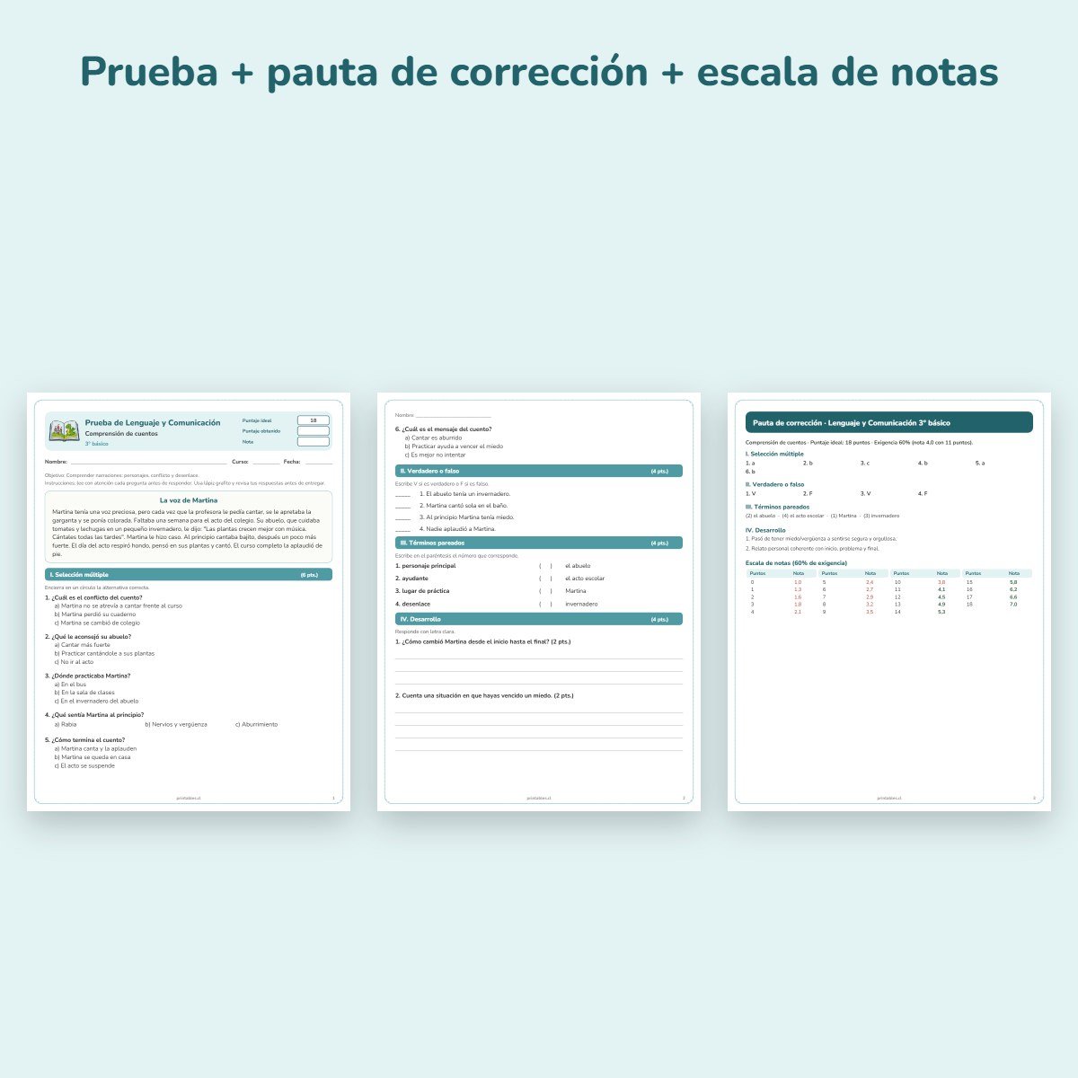 Páginas de muestra: Prueba de Lenguaje 3° básico: Comprensión de cuentos