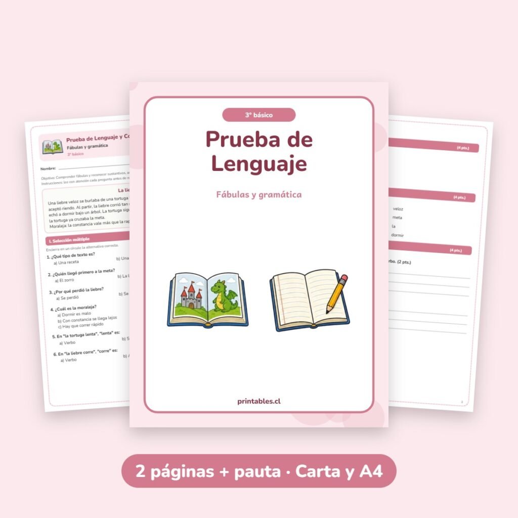 Prueba de Lenguaje 3° básico: Fábulas y gramática
