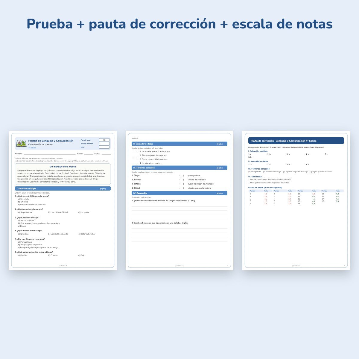 Páginas de muestra: Prueba de Lenguaje 4° básico: Comprensión de cuentos