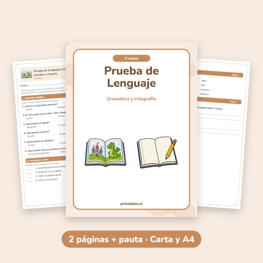 Prueba de Lenguaje 4° básico: Gramática y ortografía