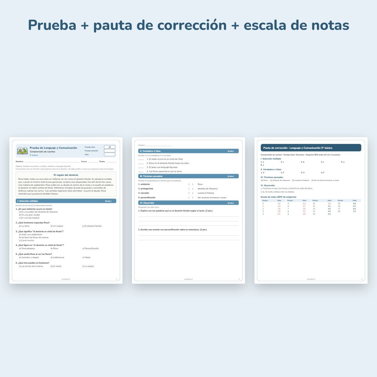Páginas de muestra: Prueba de Lenguaje 5° básico: Comprensión de cuentos