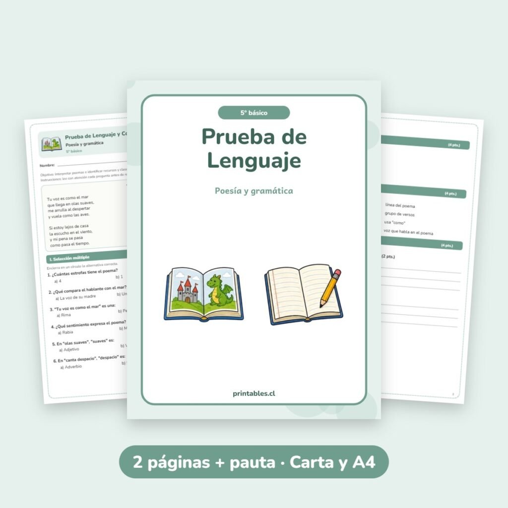 Prueba de Lenguaje 5° básico: Poesía y gramática