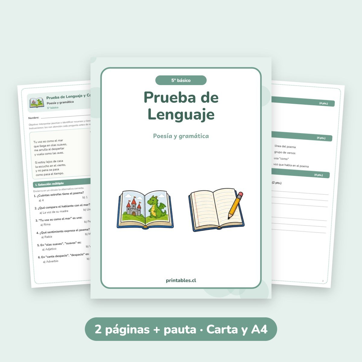 Prueba de Lenguaje 5° básico: Poesía y gramática