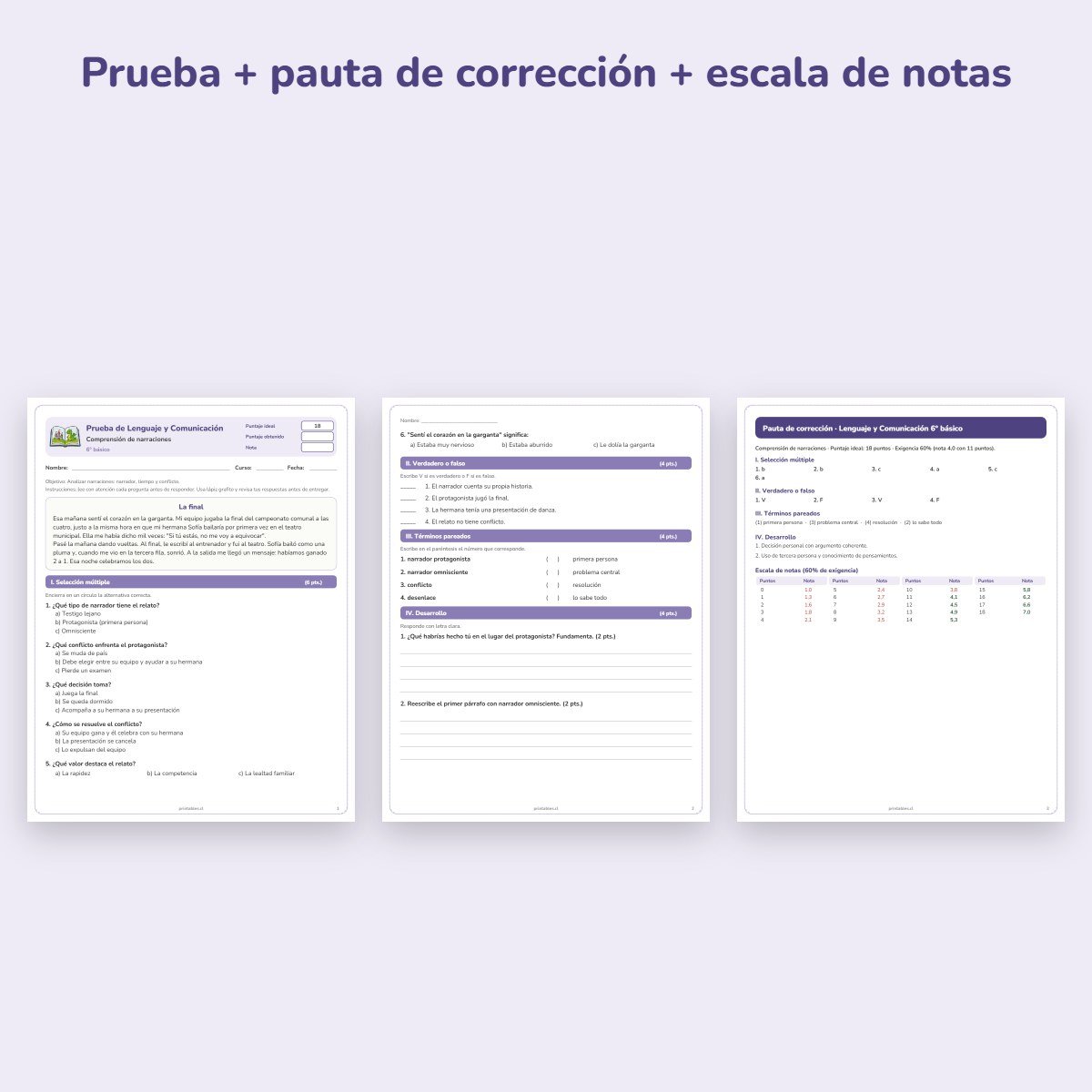 Páginas de muestra: Prueba de Lenguaje 6° básico: Comprensión de narraciones