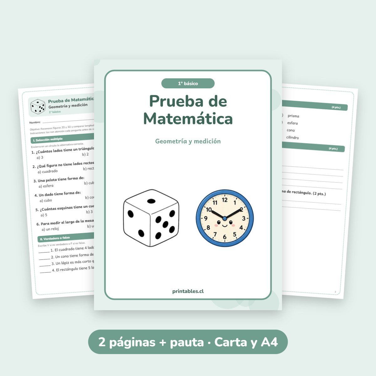 Prueba de Matemática 1° básico: Geometría y medición