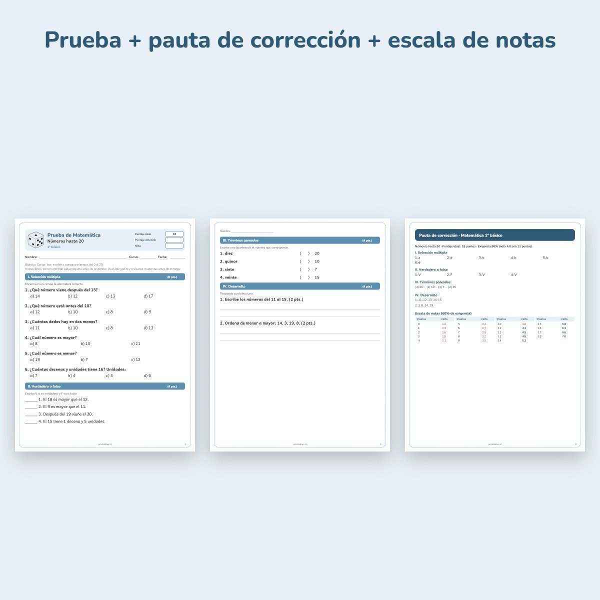 Páginas de muestra: Prueba de Matemática 1° básico: Números hasta 20