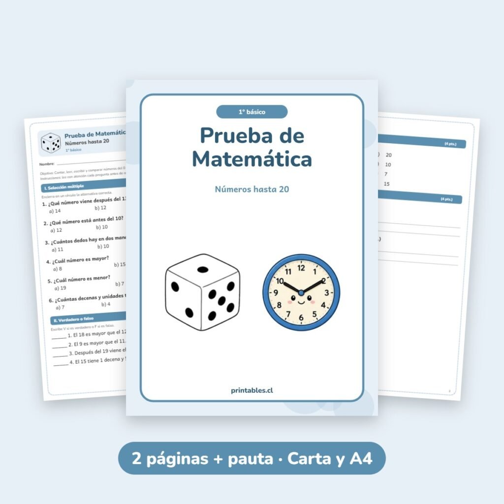 Prueba de Matemática 1° básico: Números hasta 20