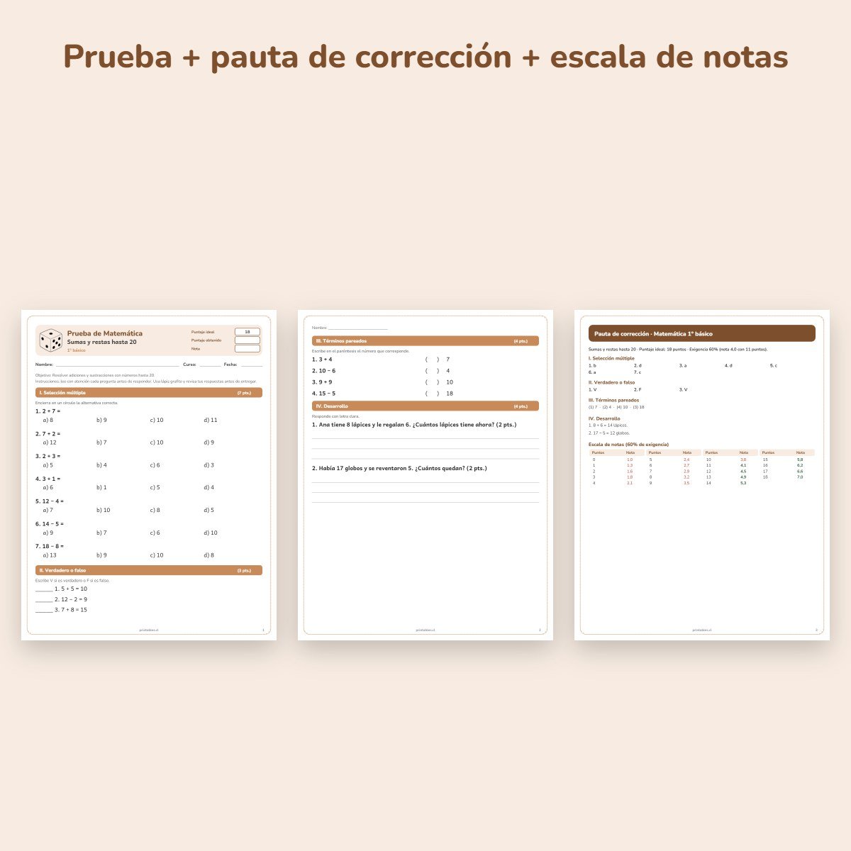 Páginas de muestra: Prueba de Matemática 1° básico: Sumas y restas hasta 20