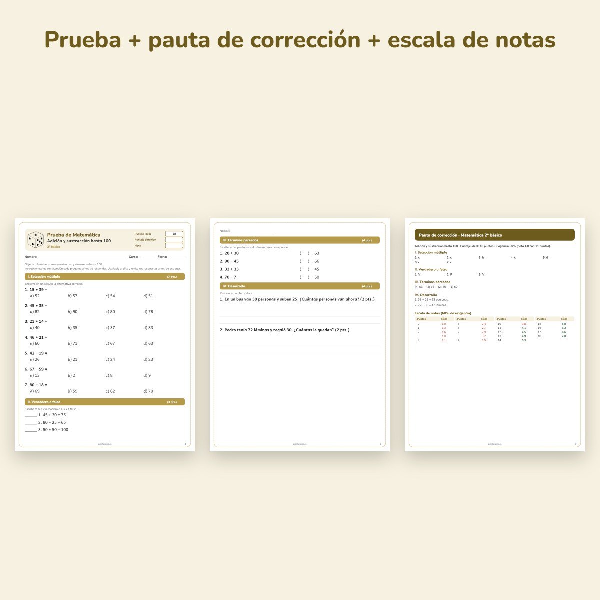 Páginas de muestra: Prueba de Matemática 2° básico: Adición y sustracción hasta 100
