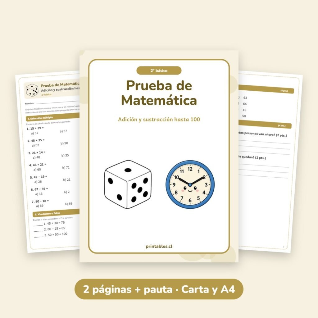 Prueba de Matemática 2° básico: Adición y sustracción hasta 100