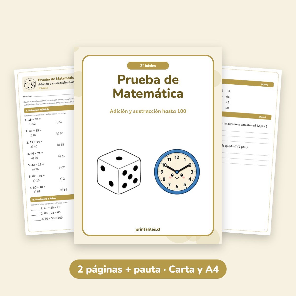 Prueba de Matemática 2° básico: Adición y sustracción hasta 100