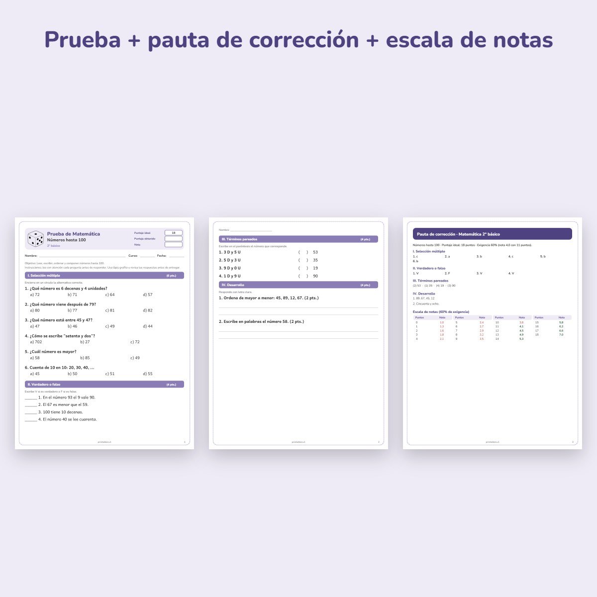 Páginas de muestra: Prueba de Matemática 2° básico: Números hasta 100