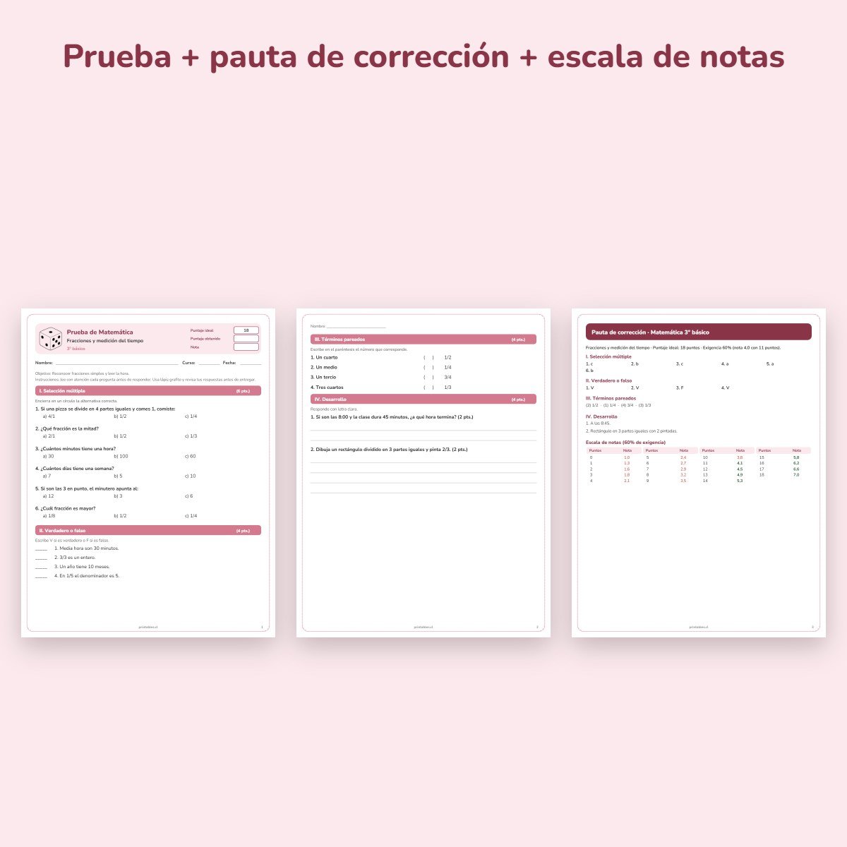 Páginas de muestra: Prueba de Matemática 3° básico: Fracciones y medición del tiempo
