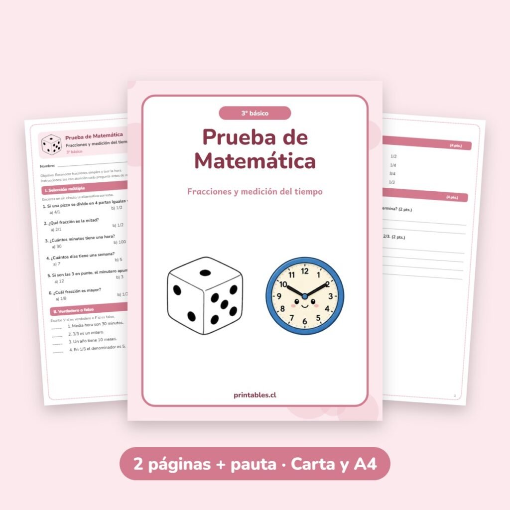 Prueba de Matemática 3° básico: Fracciones y medición del tiempo
