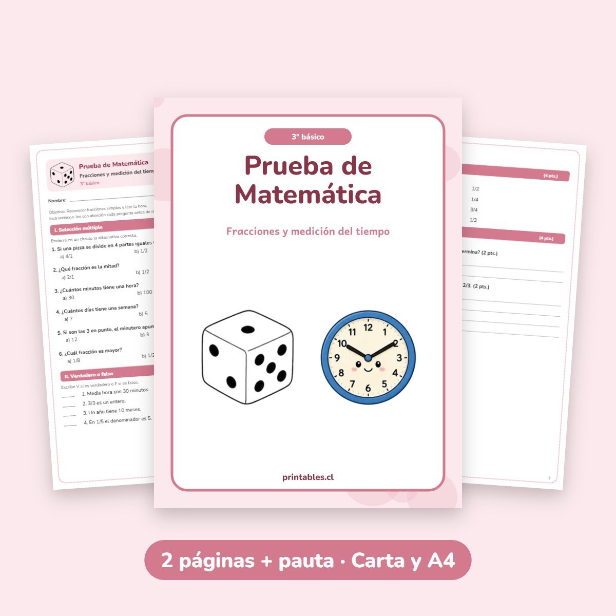 Prueba de Matemática 3° básico: Fracciones y medición del tiempo