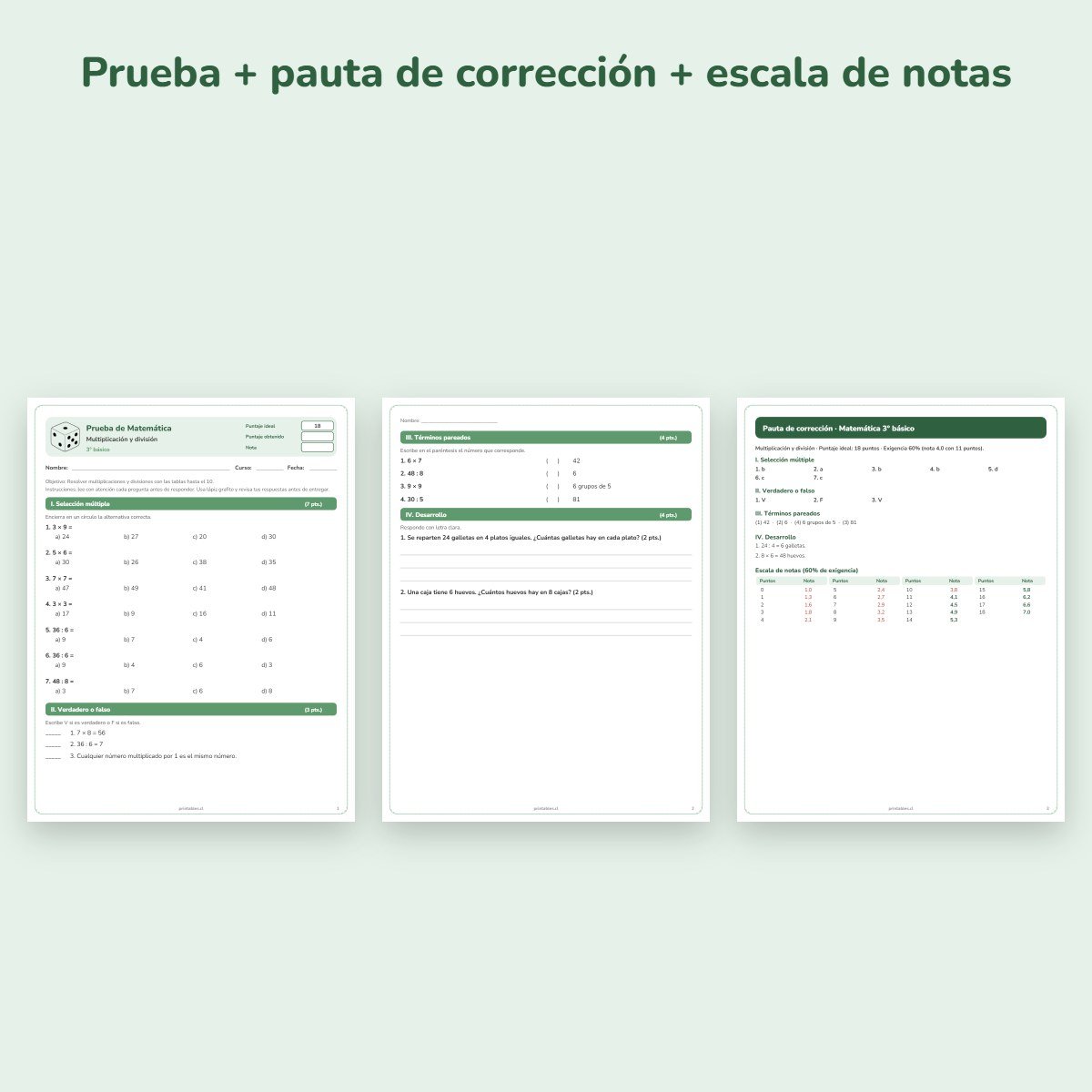 Páginas de muestra: Prueba de Matemática 3° básico: Multiplicación y división