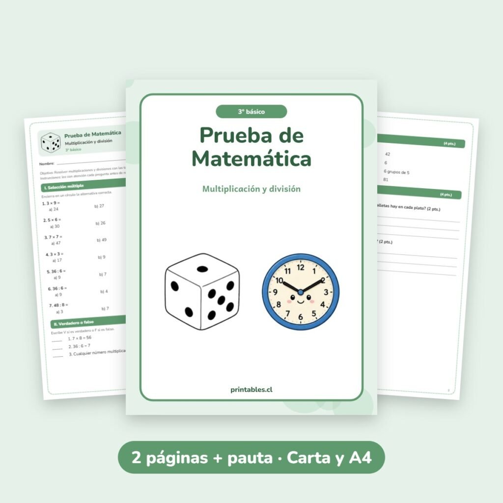 Prueba de Matemática 3° básico: Multiplicación y división