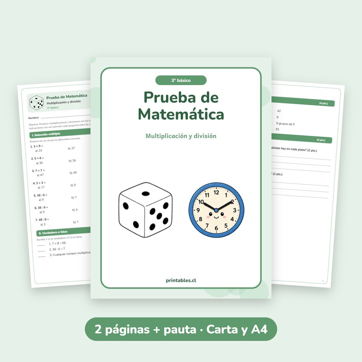 Prueba de Matemática 3° básico: Multiplicación y división