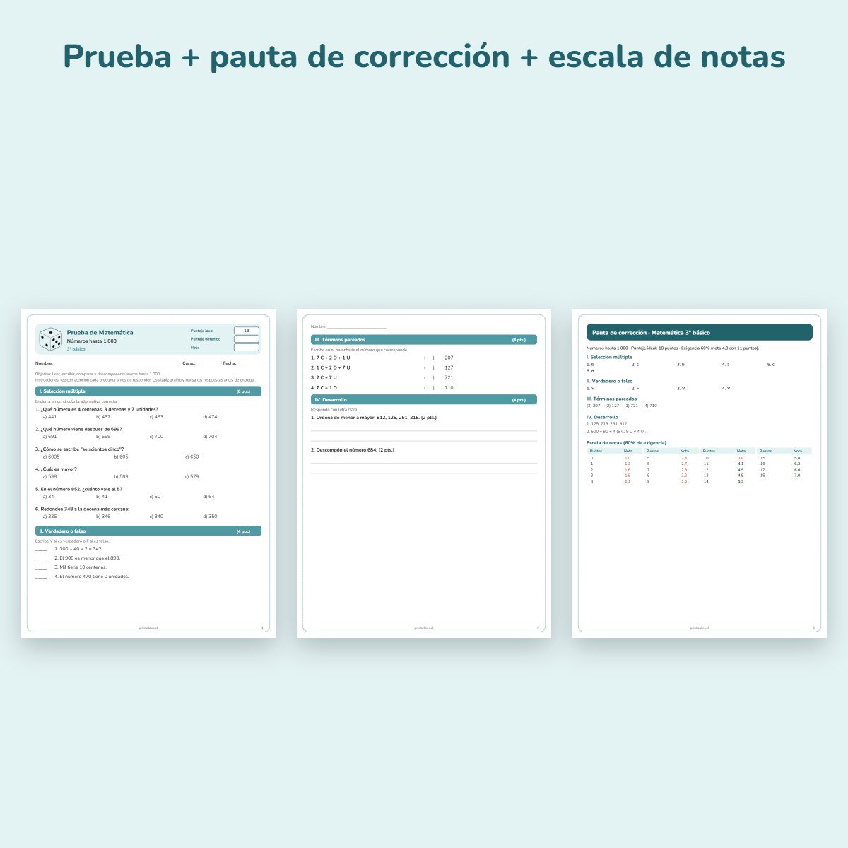 Páginas de muestra: Prueba de Matemática 3° básico: Números hasta 1.000
