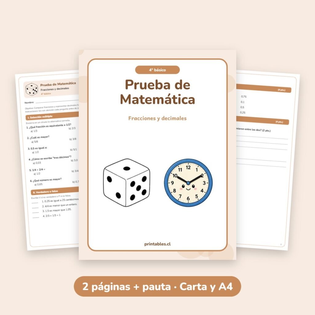 Prueba de Matemática 4° básico: Fracciones y decimales