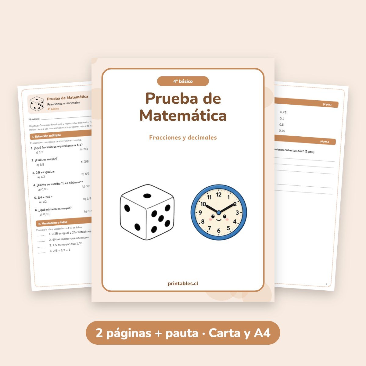 Prueba de Matemática 4° básico: Fracciones y decimales