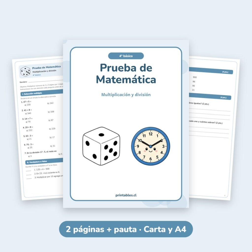 Prueba de Matemática 4° básico: Multiplicación y división