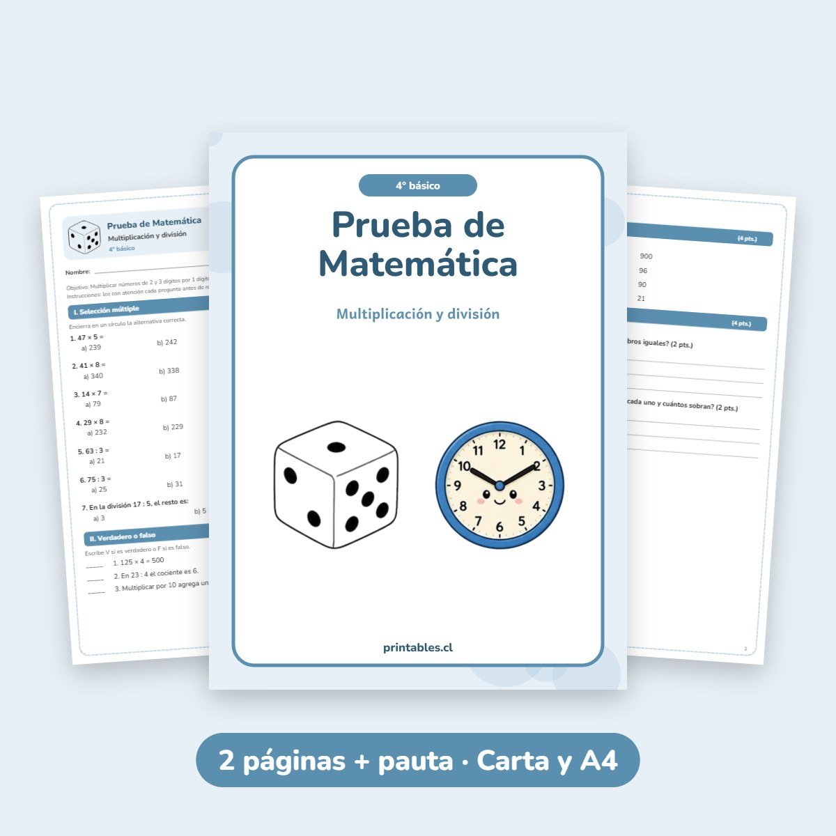 Prueba de Matemática 4° básico: Multiplicación y división
