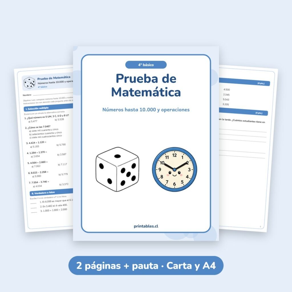 Prueba de Matemática 4° básico: Números hasta 10.000 y operaciones