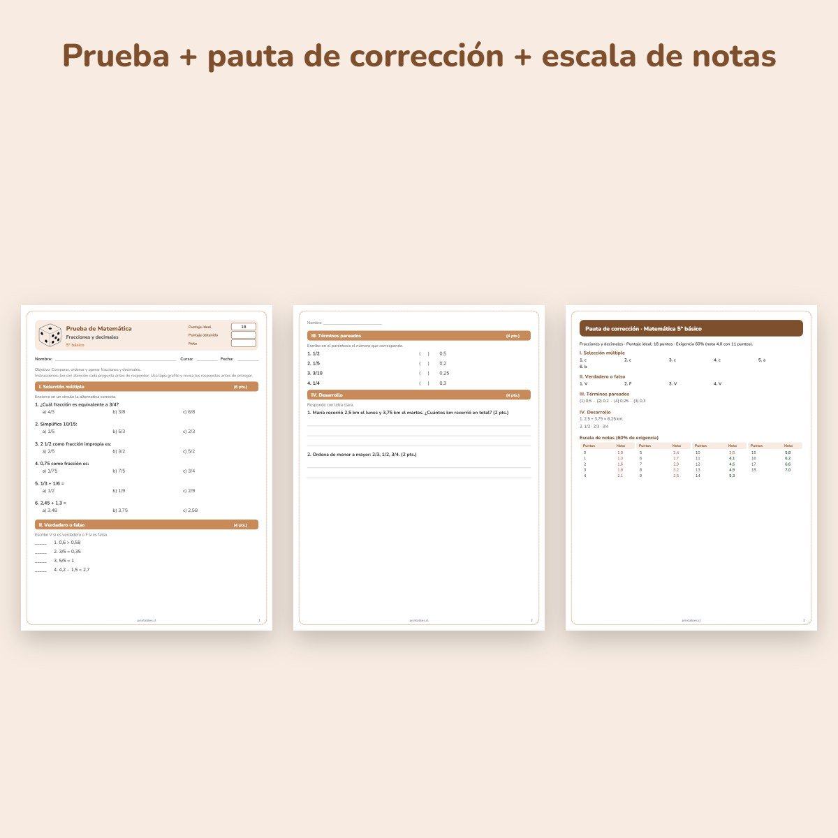 Páginas de muestra: Prueba de Matemática 5° básico: Fracciones y decimales