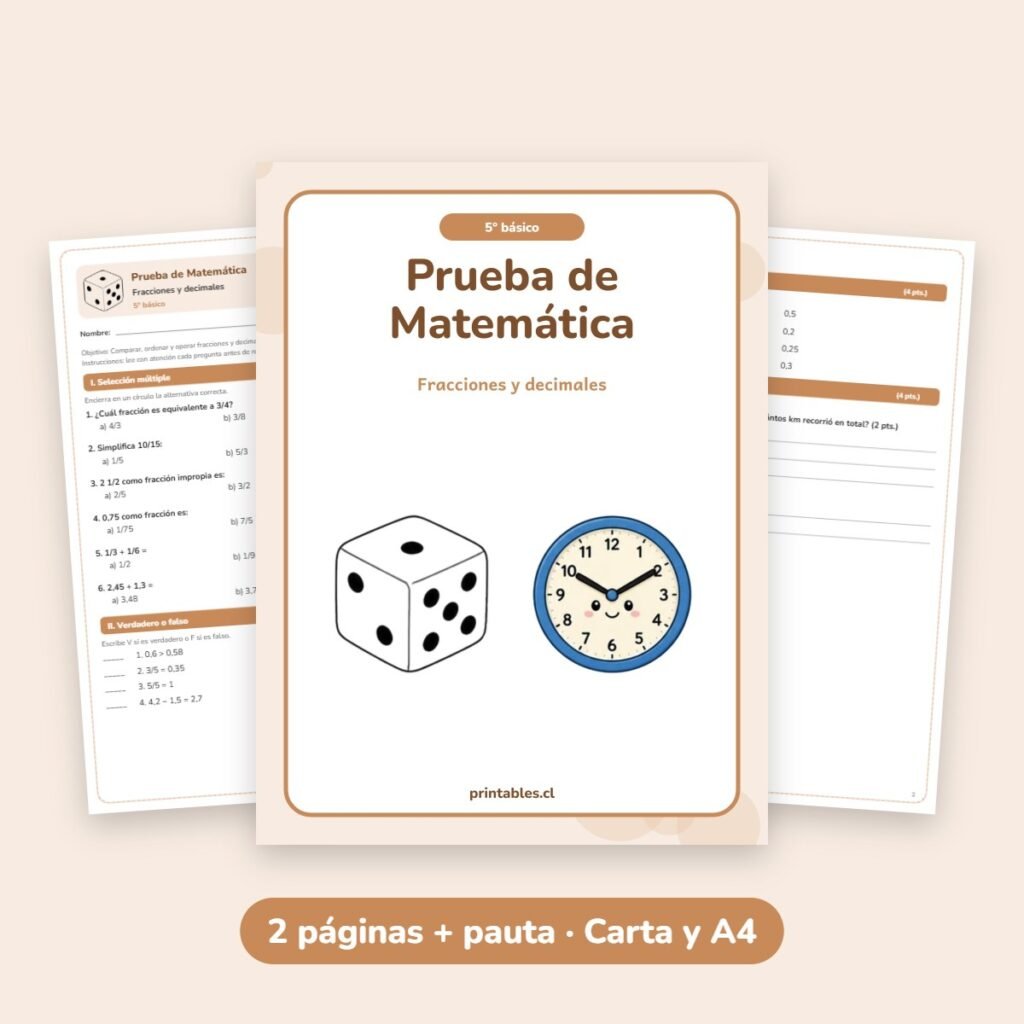 Prueba de Matemática 5° básico: Fracciones y decimales