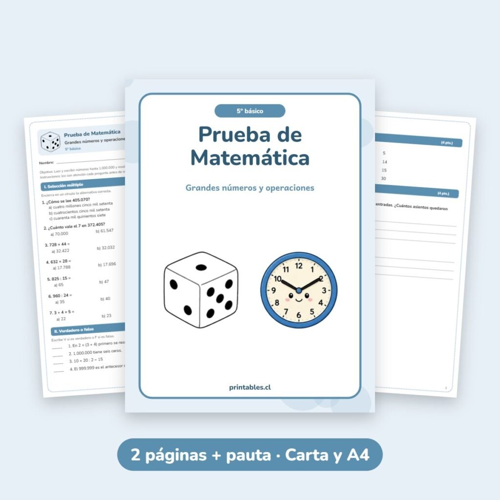 Prueba de Matemática 5° básico: Grandes números y operaciones