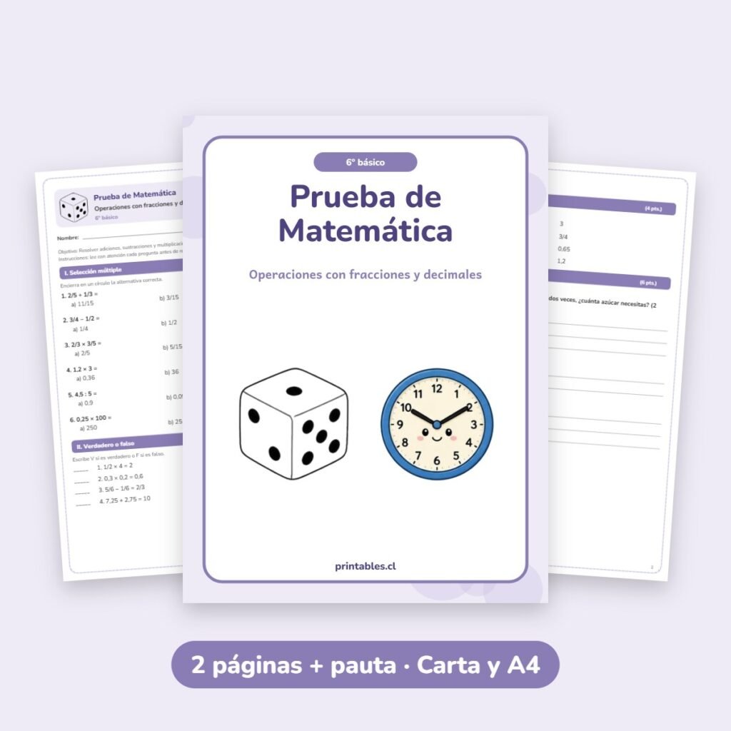Prueba de Matemática 6° básico: Operaciones con fracciones y decimales