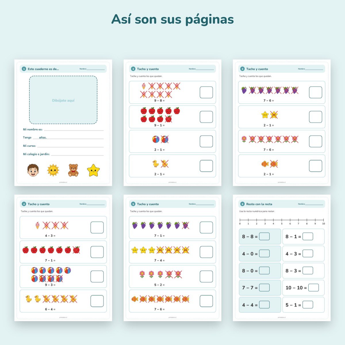 Páginas de muestra: Cuaderno 1° básico: Restas hasta 10