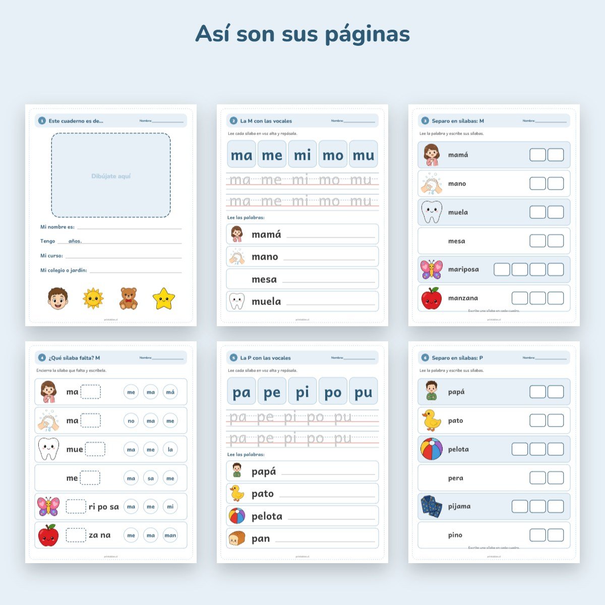 Páginas de muestra: Cuaderno 1° básico: Sílabas M, P, L y S