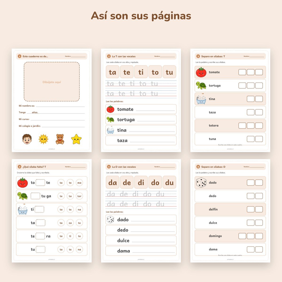 Páginas de muestra: Cuaderno 1° básico: Sílabas T, D, N y R