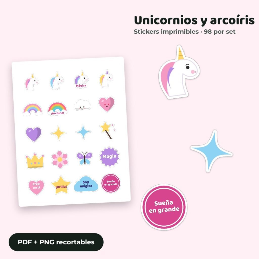 Stickers Unicornios y arcoíris imprimibles